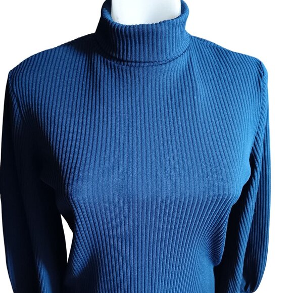 Medium True Vintage Turtleneck Sweater Knit Blue Ribbed Back Zipper 1970s Mod - Picture 2 of 5